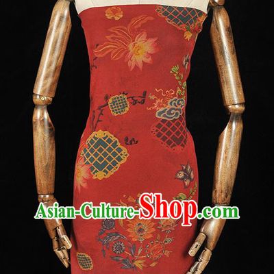 Chinese Traditional Lotus Flowers Pattern Dress Fabric Cheongsam Silk Cloth Red Gambiered Guangdong Gauze