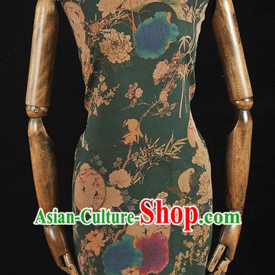 Chinese Top Green Gambiered Guangdong Gauze Traditional Peony Fan Pattern Dress Fabric Cheongsam Silk Cloth