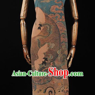 China Classical Cloud Crane Pattern Silk Fabric Traditional Gambiered Guangdong Gauze Qipao Dress Cloth Drapery