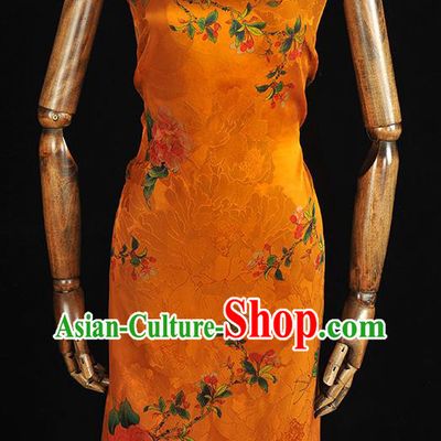 Top Chinese Cheongsam Golden Silk Fabric Classical Peony Pattern Gambiered Guangdong Gauze Traditional Jacquard Satin Cloth