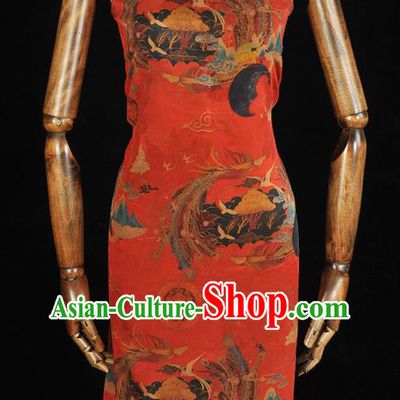 Top Chinese Traditional Wedding Jacquard Satin Cloth Cheongsam Red Silk Fabric Classical Phoenix Pattern Gambiered Guangdong Gauze