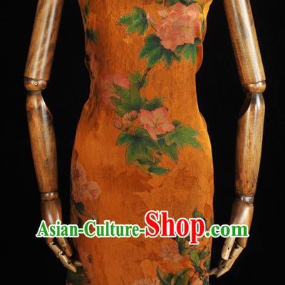 Top Chinese Cheongsam Silk Fabric Classical Hibiscus Pattern Orange Gambiered Guangdong Gauze Traditional Jacquard Satin Cloth