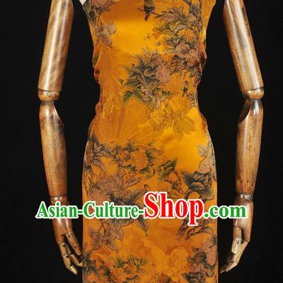 Top Chinese Classical Hydrangea Pattern Yellow Gambiered Guangdong Gauze Traditional Jacquard Satin Cloth Cheongsam Silk Fabric