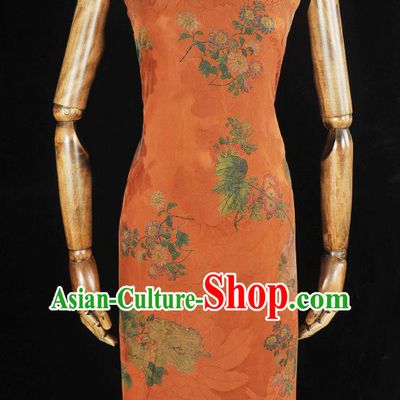 Top Chinese Orange Gambiered Guangdong Gauze Traditional Jacquard Brocade Cloth Cheongsam Classical Daisy Pattern Silk Fabric