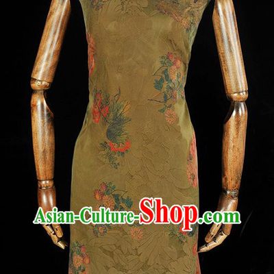 Top Chinese Cheongsam Classical Daisy Pattern Silk Fabric Olive Green Gambiered Guangdong Gauze Traditional Jacquard Brocade Cloth