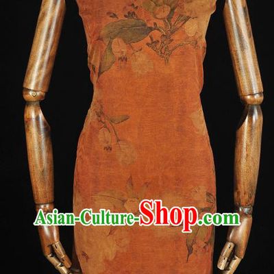 Top Chinese Traditional Hibiscus Pattern Dress Cloth Cheongsam Silk Fabric Orange Gambiered Guangdong Gauze
