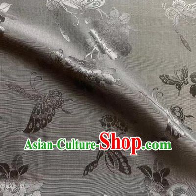 Top Chinese Traditional Butterfly Peony Pattern Grey Brocade Drapery Cheongsam Silk Fabric Classical Jacquard Satin Cloth