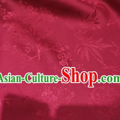 Chinese Wine Red Satin Cloth Traditional Cheongsam Jacquard Drapery Silk Fabric Classical Plum Bamboo Pattern Brocade