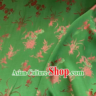 Chinese Green Tapestry Material Traditional Qipao Dress Drapery Silk Fabric Classical Plum Orchids Bamboo Chrysanthemum Pattern Brocade Cloth