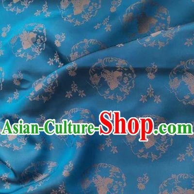 Chinese Blue Silk Fabric Classical Peach Pattern Brocade Cloth Tapestry Material Traditional Qipao Dress Damask Drapery