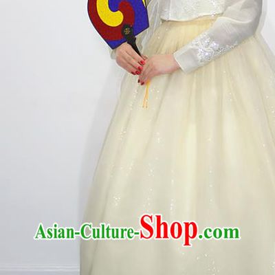 Asian Korea Bride Mother White Blouse and Yellow Dress Korean Traditional Fashion Garments Court Dance Hanbok Clothing