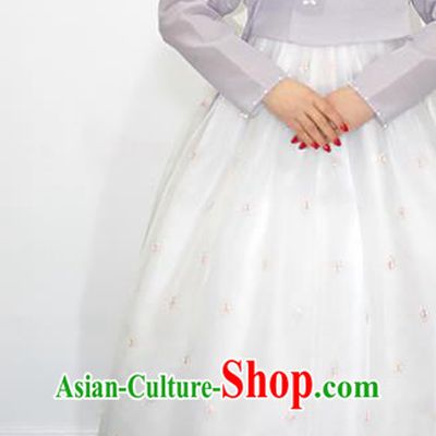 Asian Korea Court Dance Hanbok Clothing Bride Mother Grey Blouse and White Dress Korean Traditional Fashion Garments