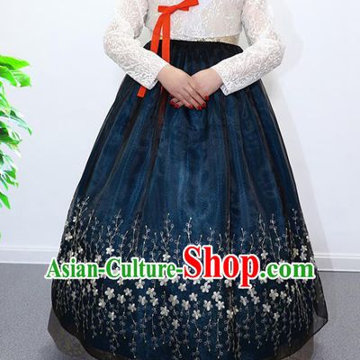 Asian Korea Traditional Fashion Garments Court Dance Hanbok Clothing Korean Bride Mother White Blouse and Navy Dress
