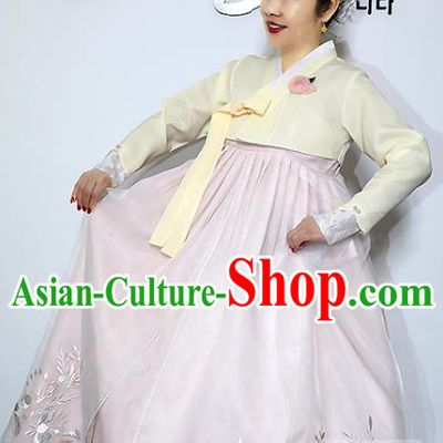 Korean Bride Mother Yellow Blouse and Pink Dress Asian Korea Traditional Fashion Garments Court Dance Hanbok Clothing