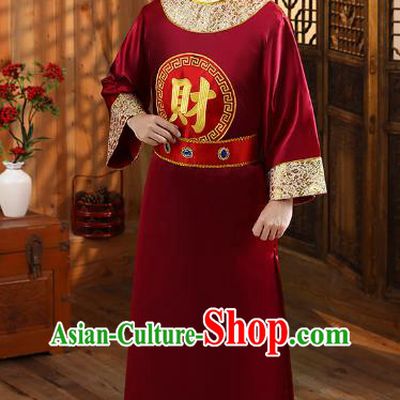 Chinese Ancient God of Wealth Clothing Traditional Cosplay Garment Wine Red Official Robe and Hat