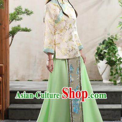 Republic of China Young Woman Beige Blouse and Green Skirt Clothing Traditional Tang Suits Costume