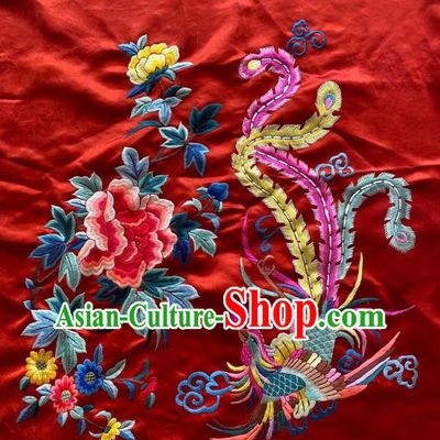 Chinese Traditional Embroidered Phoenix Peony Red Silk Cloth Hand Embroidery Craft