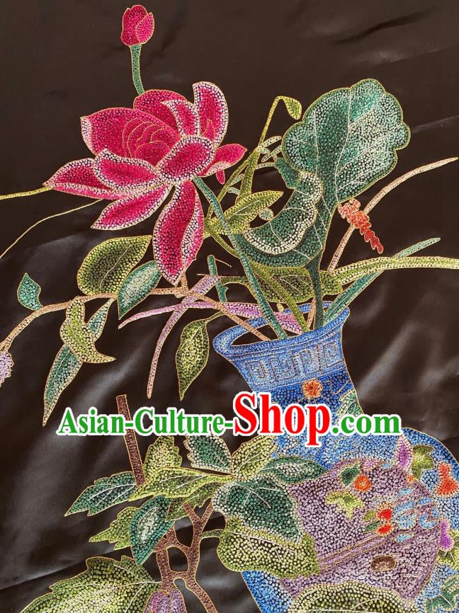 Chinese Traditional Embroidered Lotus Black Silk Cloth Hand Embroidery Applique Craft Chinese Traditional Embroidered Lotus Black Silk Cloth Hand Embroidery Applique Craft