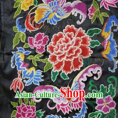 Chinese Traditional Embroidered Black Silk Cloth Hand Embroidery Butterfly Peony Applique Craft