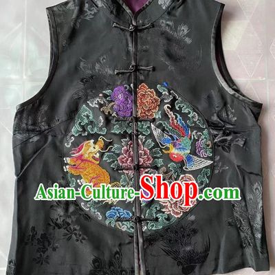 China National Upper Outer Garment Traditional Black Silk Waistcoat Clothing Tang Suit Embroidered Dragon Phoenix Vest