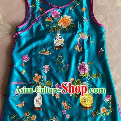 China Tang Suit Upper Outer Garment Traditional Blue Silk Waistcoat National Embroidered Flowers Vest