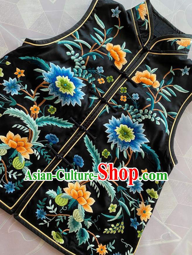 China Tang Suit Upper Outer Garment Traditional Black Silk Vest National Embroidered Flowers Waistcoat China Tang Suit Upper Outer Garment Traditional Black Silk Vest National Embroidered Flowers Waistcoat