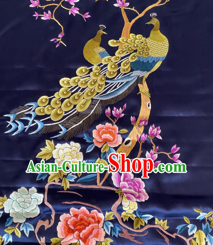 Chinese Hand Embroidery Navy Silk Applique Craft Traditional Embroidered Peacock Mangnolia Cloth Chinese Hand Embroidery Navy Silk Applique Craft Traditional Embroidered Peacock Mangnolia Cloth