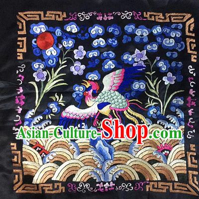 Chinese Traditional Qing Dynasty Embroidered Cloth Patch Hand Embroidery Crane Black Silk Applique Craft