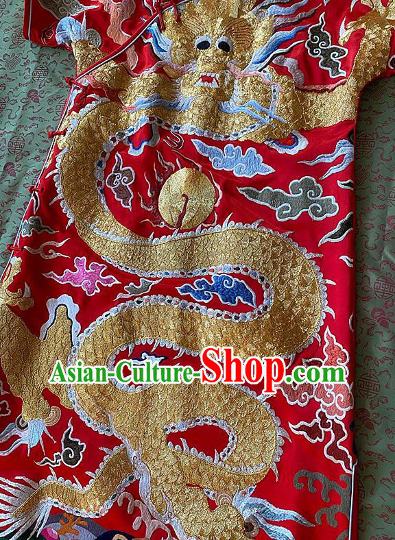 China Traditional Red Silk Cheongsam National Embroidered Dragon Qipao Dress Clothing China Traditional Red Silk Cheongsam National Embroidered Dragon Qipao Dress Clothing