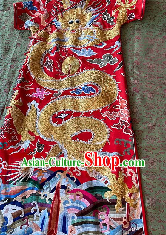 China Traditional Red Silk Cheongsam National Embroidered Dragon Qipao Dress Clothing China Traditional Red Silk Cheongsam National Embroidered Dragon Qipao Dress Clothing