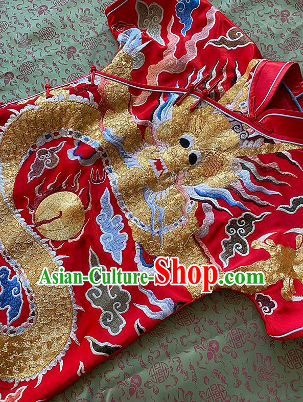 China Traditional Red Silk Cheongsam National Embroidered Dragon Qipao Dress Clothing China Traditional Red Silk Cheongsam National Embroidered Dragon Qipao Dress Clothing
