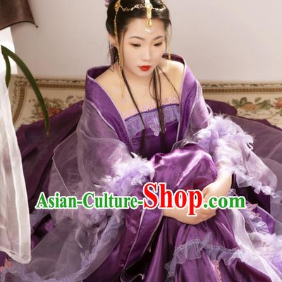 China Traditional Cosplay Tang Dynasty Imperial Consort Clothing Ancient Goddess Purple Hanfu Dress Garments