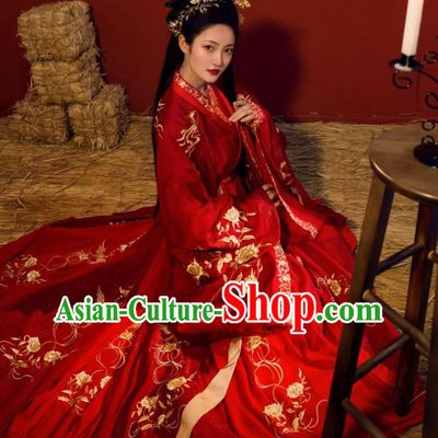 China Traditional Jin Dynasty Court Princess Wedding Historical Clothing Ancient Palace Lady Red Hanfu Dress Garments
