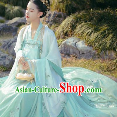 China Ancient Palace Beauty Green Hanfu Dress Garments Traditional Tang Dynasty Imperial Consort Historical Clothing for Women
