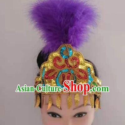 Chinese Xinjiang Ethnic Folk Dance Hair Clasp Traditional Uyghur Nationality Dance Headpieces Minority Stage Performance Purple Feather Hair Crown