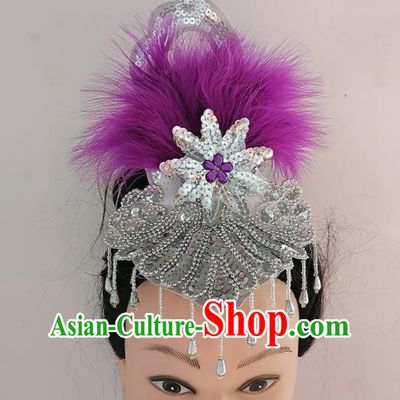 China Folk Dance Headwear Traditional Yangko Dance Argent Tassel Hair Crown Woman Group Fan Dance Purple Feather Hair Accessories