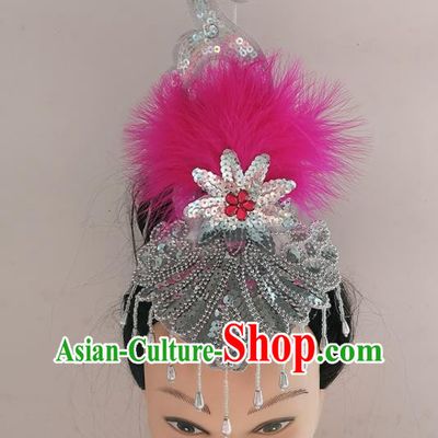 China Woman Group Fan Dance Rosy Feather Hair Accessories Folk Dance Headwear Traditional Yangko Dance Argent Tassel Hair Crown