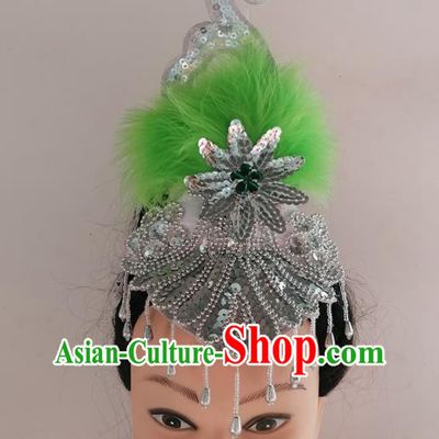 China Traditional Yangko Dance Argent Tassel Hair Crown Woman Group Fan Dance Green Feather Hair Accessories Folk Dance Headwear