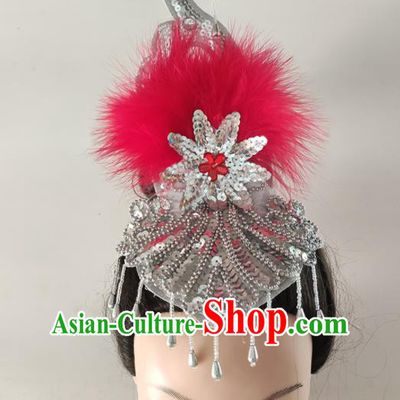 China Folk Dance Tassel Headwear Traditional Yangko Dance Magenta Feather Hair Crown Woman Group Fan Dance Hair Accessories