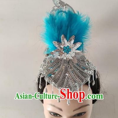 China Woman Fan Dance Hair Accessories Folk Dance Tassel Headwear Traditional Yangko Dance Blue Feather Hair Crown