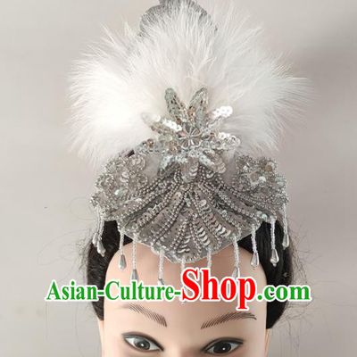 China Traditional Yangko Dance White Feather Hair Crown Woman Fan Dance Hair Accessories Folk Dance Sequins Headwear