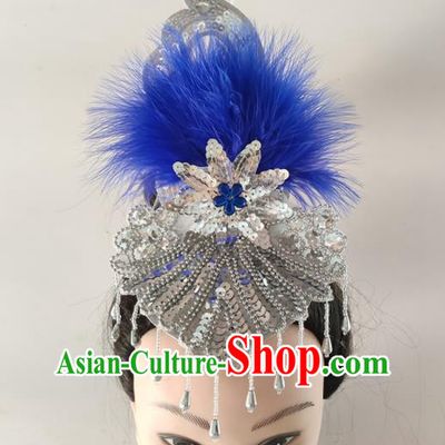 China Folk Dance Sequins Headwear Traditional Yangko Dance Royalblue Feather Hair Crown Woman Fan Dance Hair Accessories