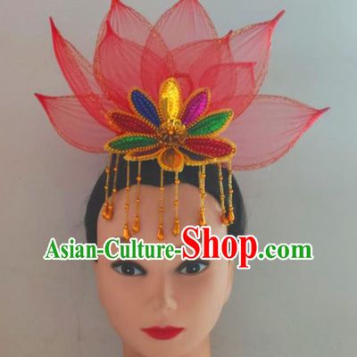 China Classical Dance Red Lotus Headpiece Yangko Dance Hair Accessories Traditional Spring Festival Gala Opening Dance Hair Crown