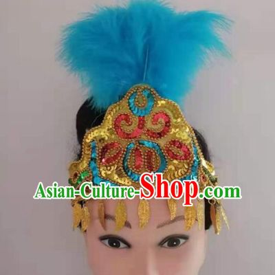 Chinese Folk Dance Hair Clasp Traditional Uyghur Nationality Dance Headpieces Xinjiang Ethnic Blue Feather Hair Crown