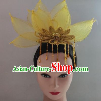 China Traditional Spring Festival Gala Opening Dance Hair Crown Classical Dance Yellow Lotus Headpiece Yangko Dance Hair Accessories