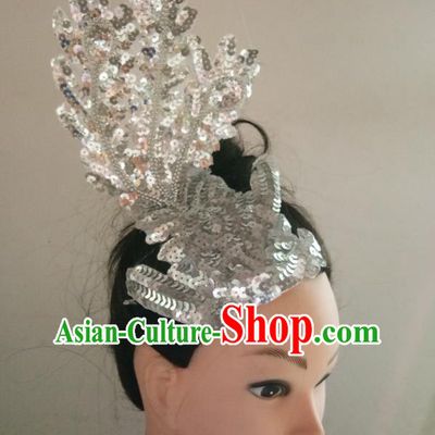 China Folk Dance Headpiece Yangko Dance Argent Sequins Hair Accessories Traditional Peacock Dance Hair Stick
