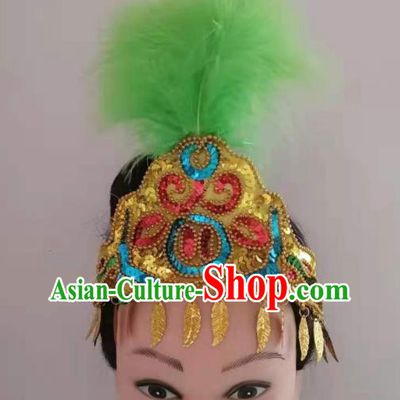 Chinese Xinjiang Ethnic Green Feather Hair Crown Folk Dance Hair Clasp Traditional Uyghur Nationality Dance Headpieces