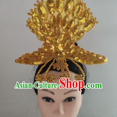 China Yangko Dance Hair Accessories Traditional Peacock Dance Hair Stick Folk Dance Golden Sequins Phoenix Headpiece