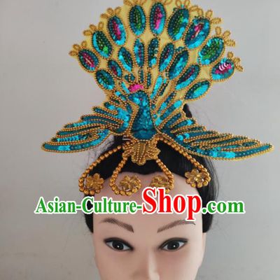 China Folk Dance Blue Sequins Phoenix Headpiece Yangko Dance Hair Accessories Traditional Peacock Dance Hair Stick