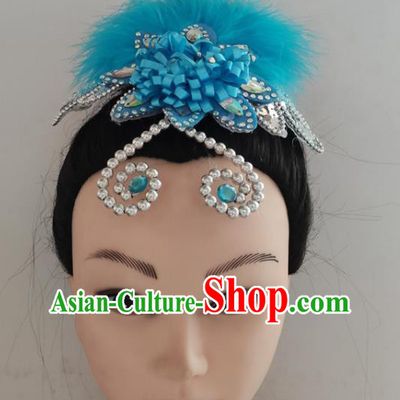 China Folk Dance Headpiece Woman Yangko Dance Hair Accessories Traditional Fan Dance Blue Feather Hair Stick